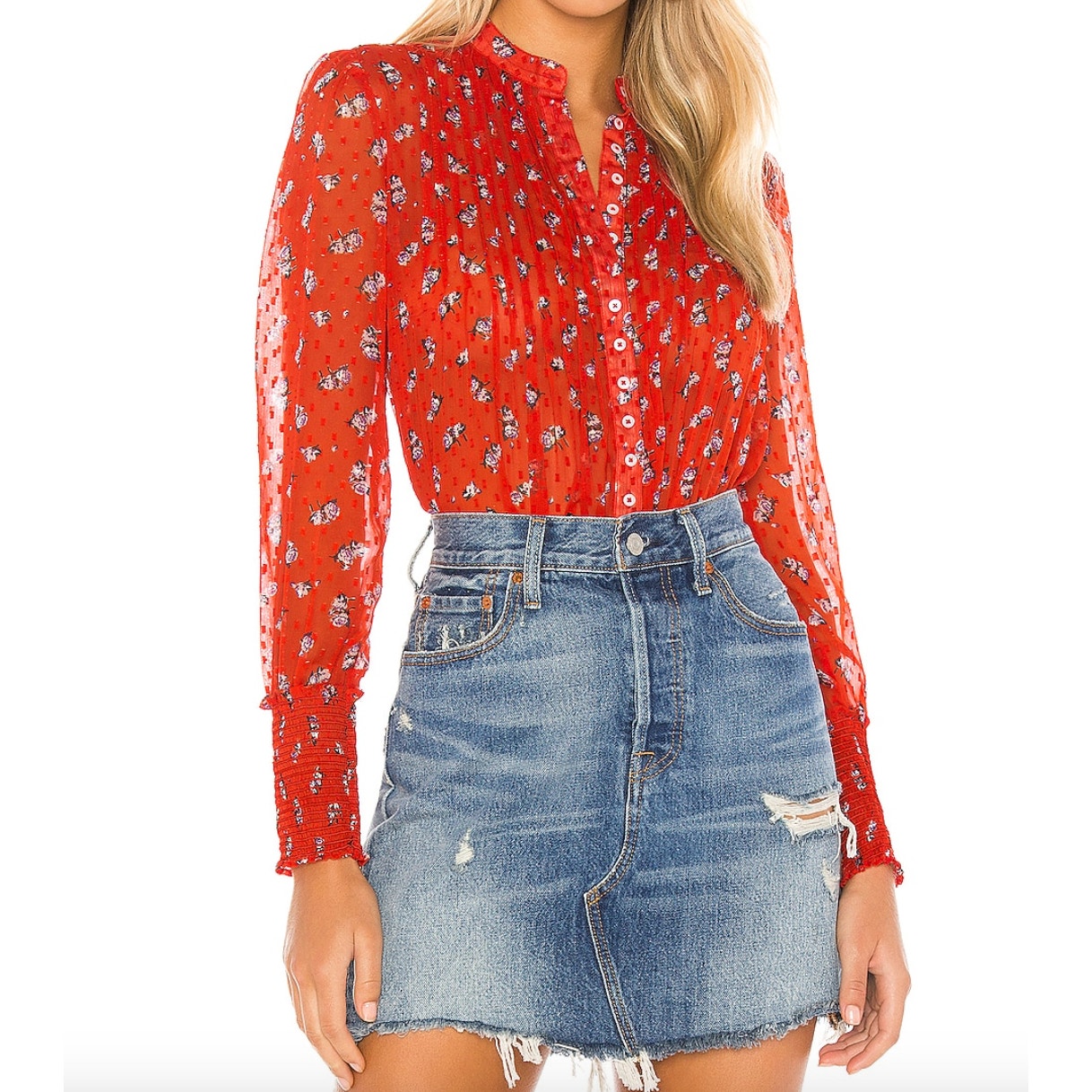 Free People Red Long Sleeve Button Down Flowers in December Blouse Size S Small