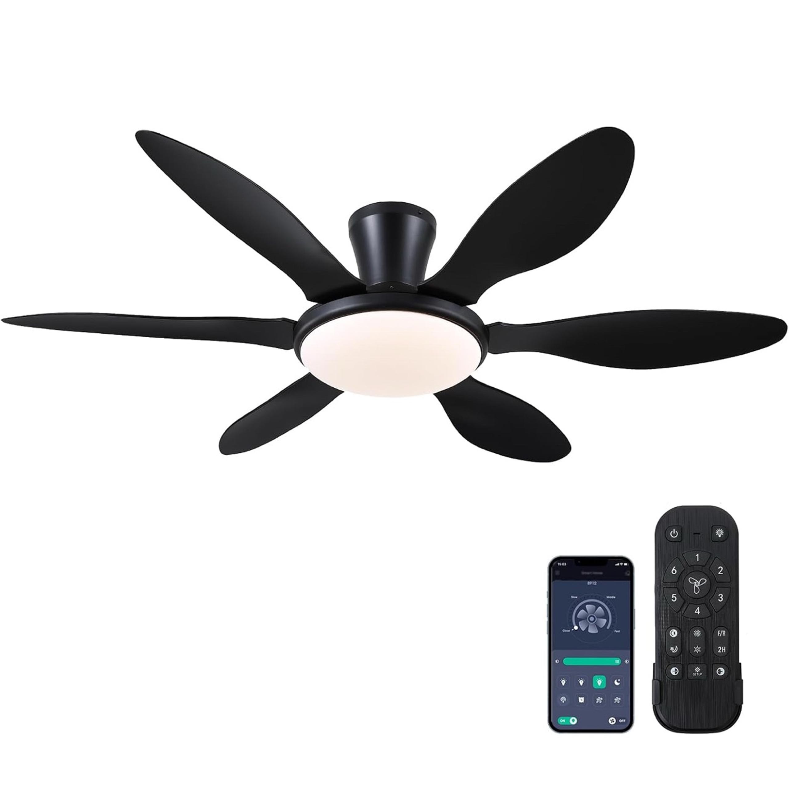 NIB 51 inch Modern Black Low Profile Ceiling Fan W/Light & Remote App Control 6B