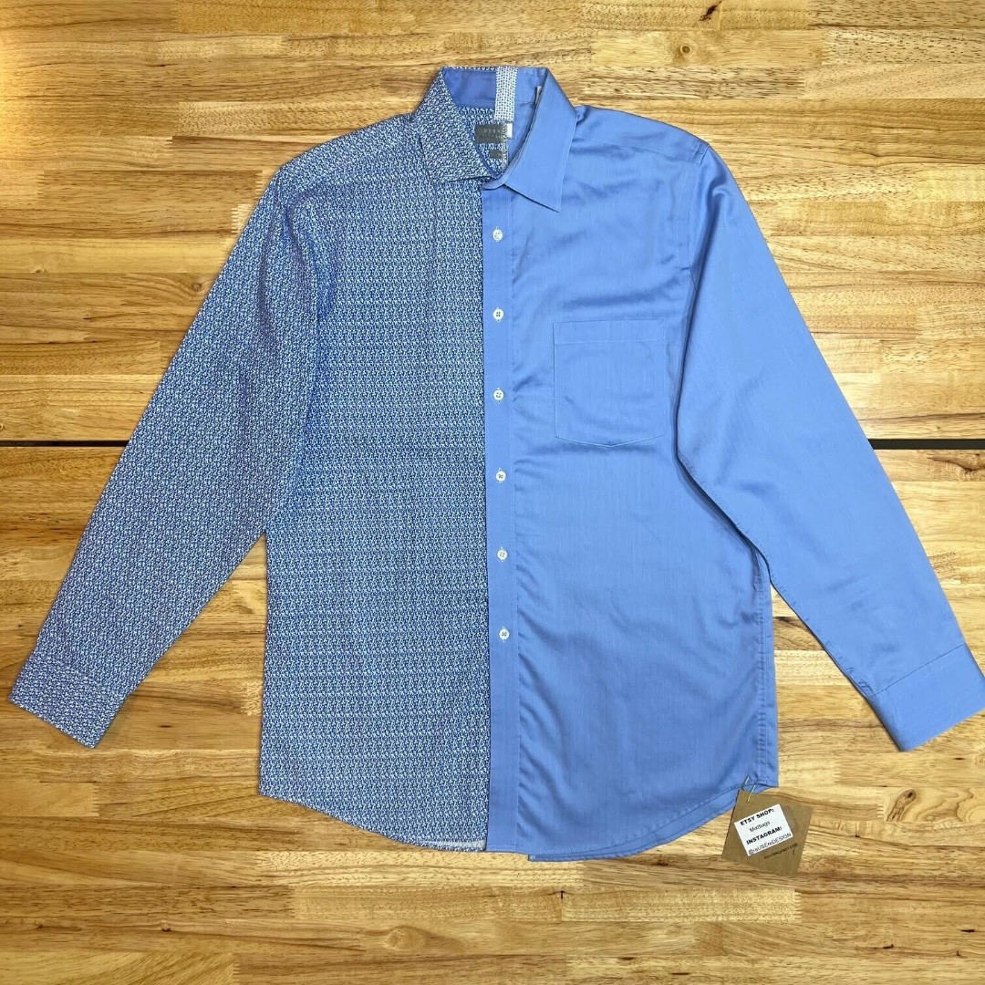 Upcycle Reworked 2 Classic Men Dress Shirts Sz M Button Down Blue Pattern Mashup