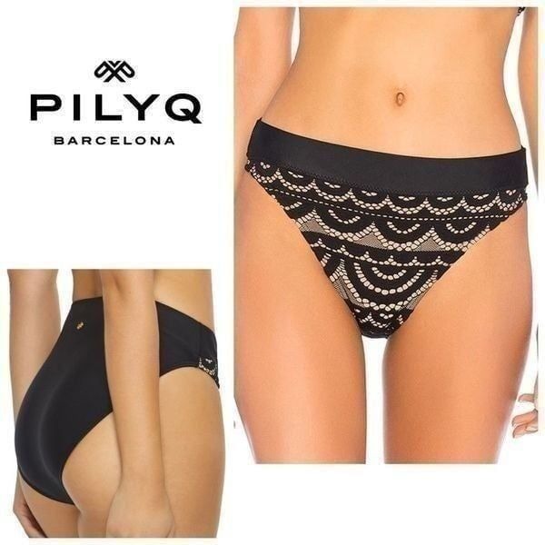 New. Pilyq water lily black lace high rise waisted bikini bottom. Size small