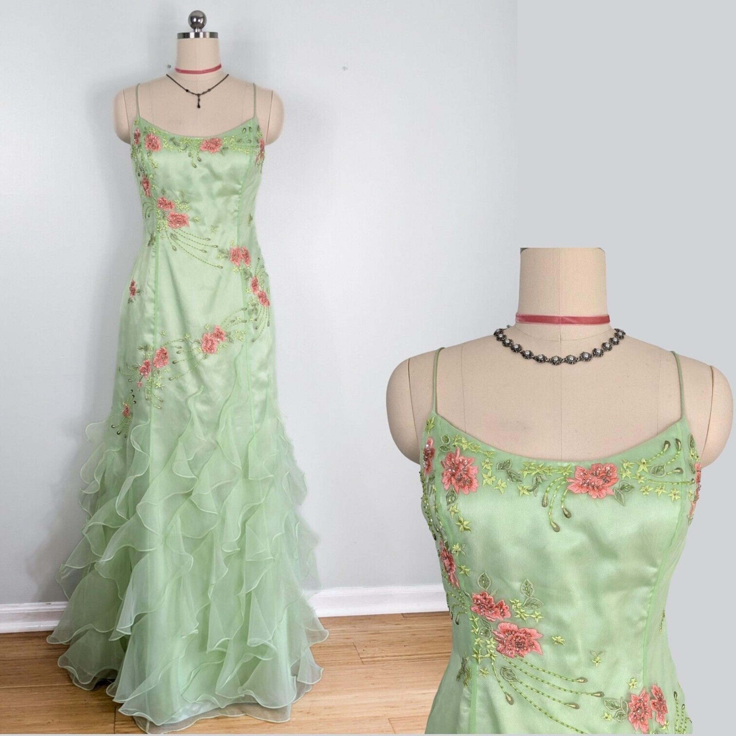 Vintage Jovani Prom Dress Maxi Gown Fairy Floral Bead Mermaid Tiana Green 14