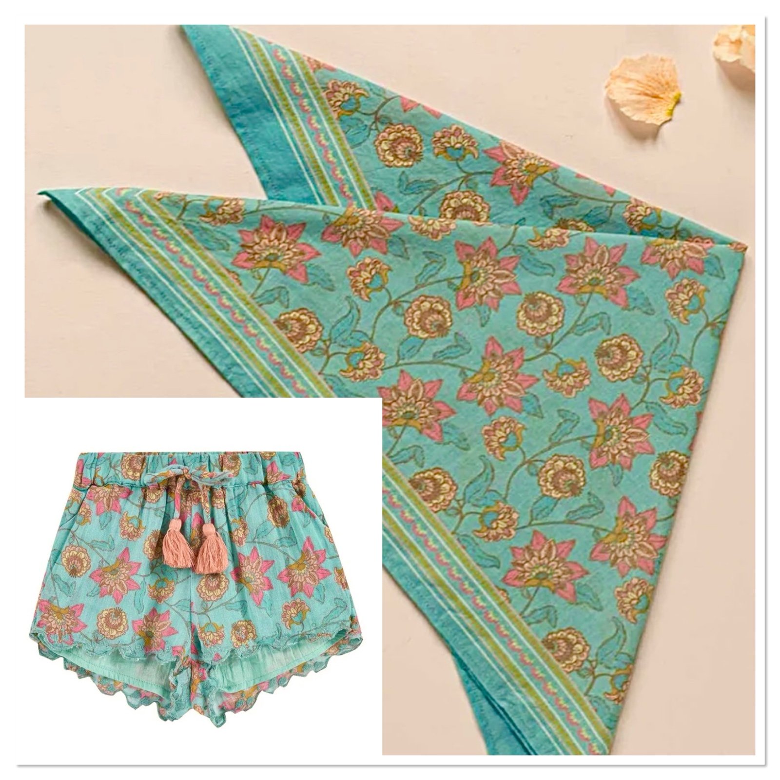 NWT Louise Misha Girls Shorts & Scarf in Turquoise Floral 4T