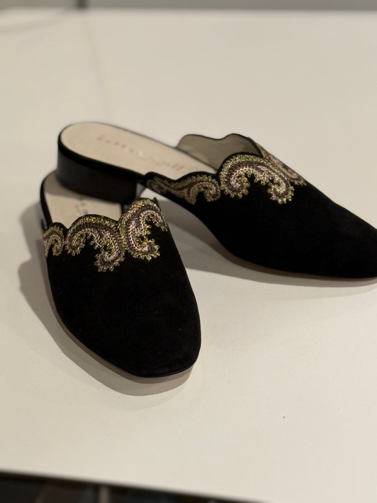 NEW Bettye Muller Black Suede Embroidered Mule Slides – Size 8
