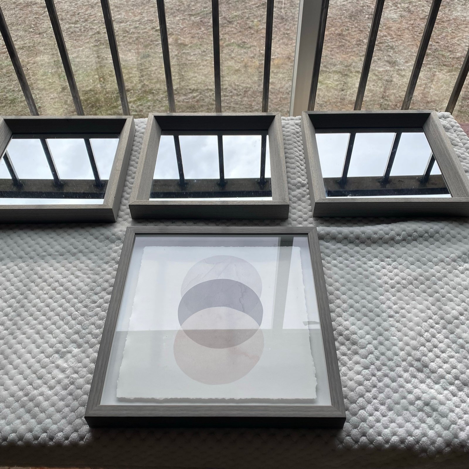 Modern Decor Lot Set of 3 Grey Framed Square Mirrors +  Geometric Wall Art