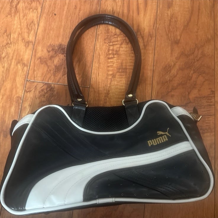 Vtg Puma Faux Leather Bowling Handbag Purse Overnight Gym Bowling Top Handle Zip