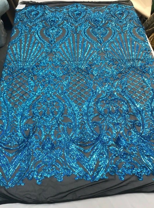 Turquoise iridescent damask sequin design on a 4 way stretch black mesh-dresses-