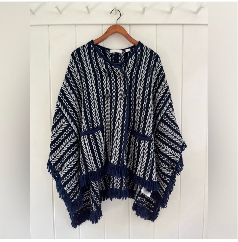 Sleeping On Snow Anthropology Tajo Jacquard Poncho Cape Blue White Southwestern