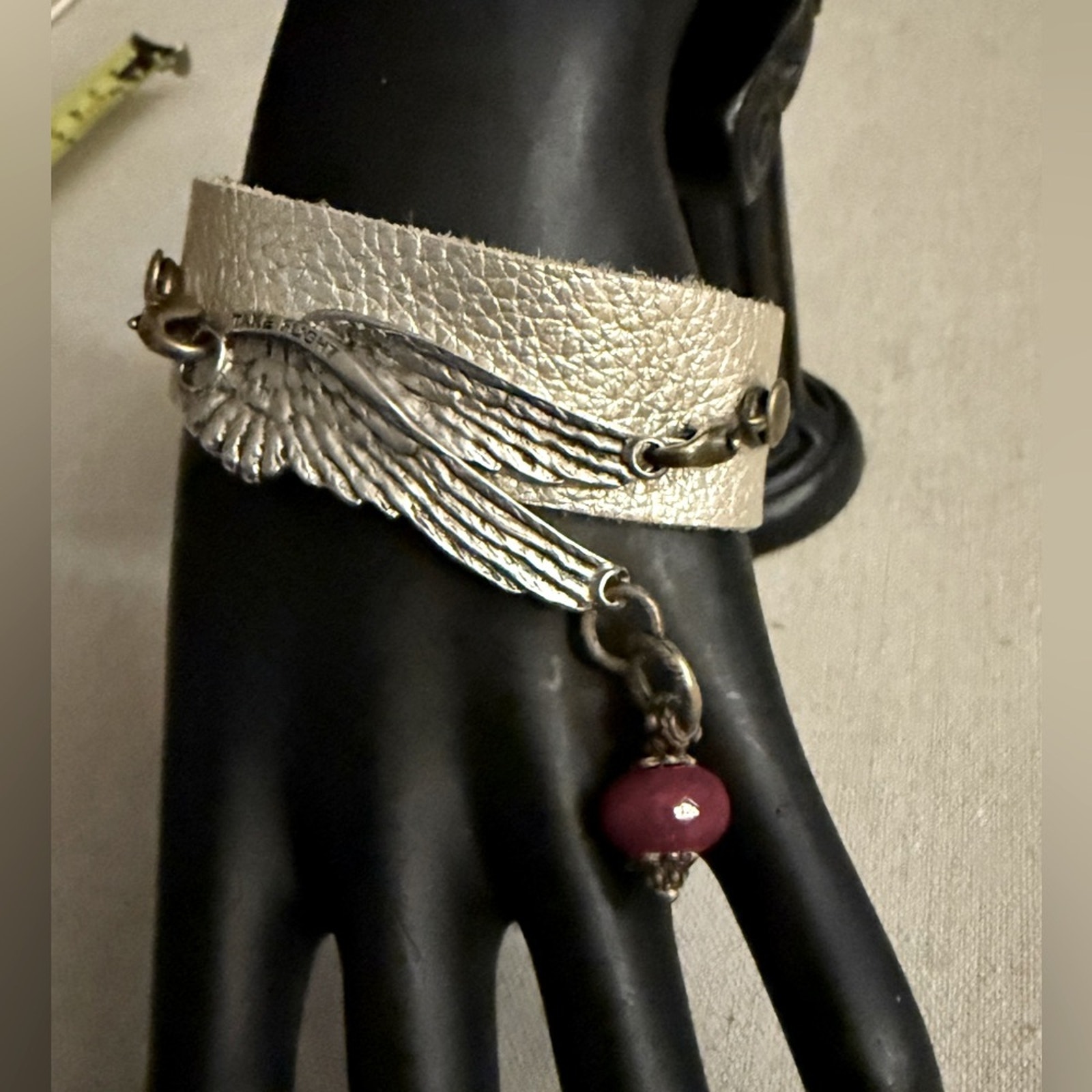 Angel Wings Leather Bracelet “Take Flight’w red bead charm. Vintage