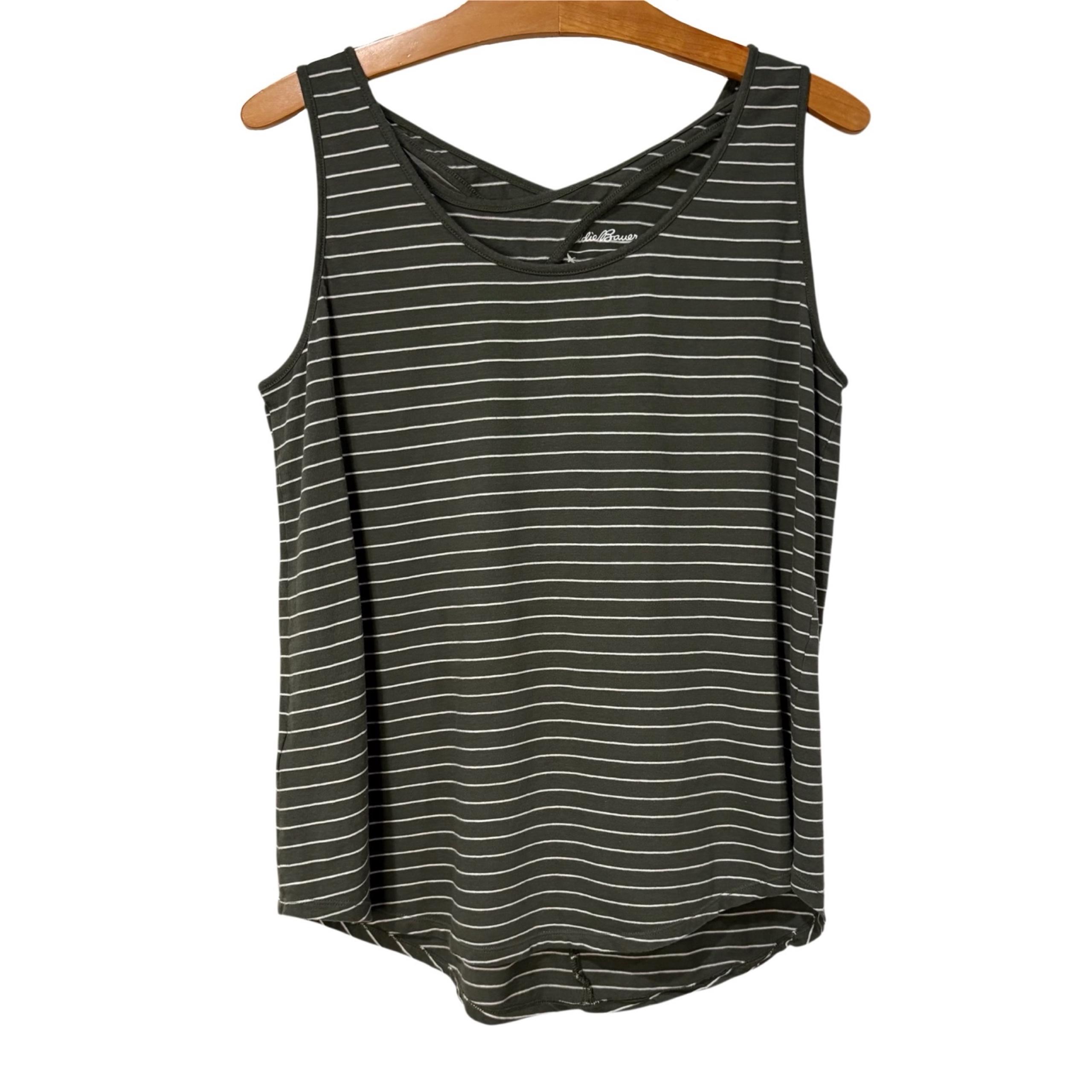 Women's Large Eddie Bauer Striped Cotton Tank Top Criss Cross Back Green