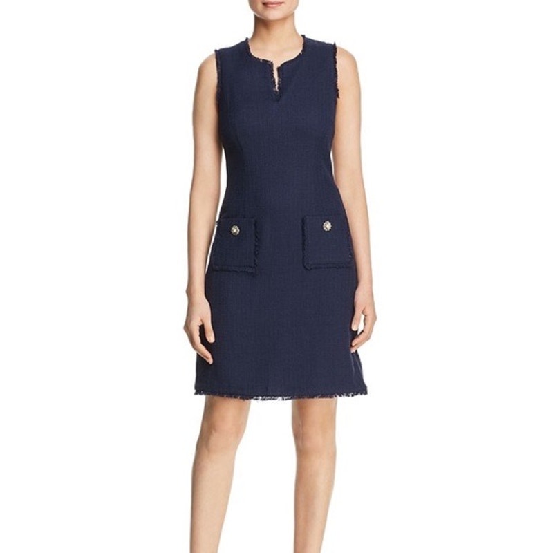 Karl Lagerfeld Paris Sleeveless Navy Blue Tweed Fringe Sheath Dress Size 6