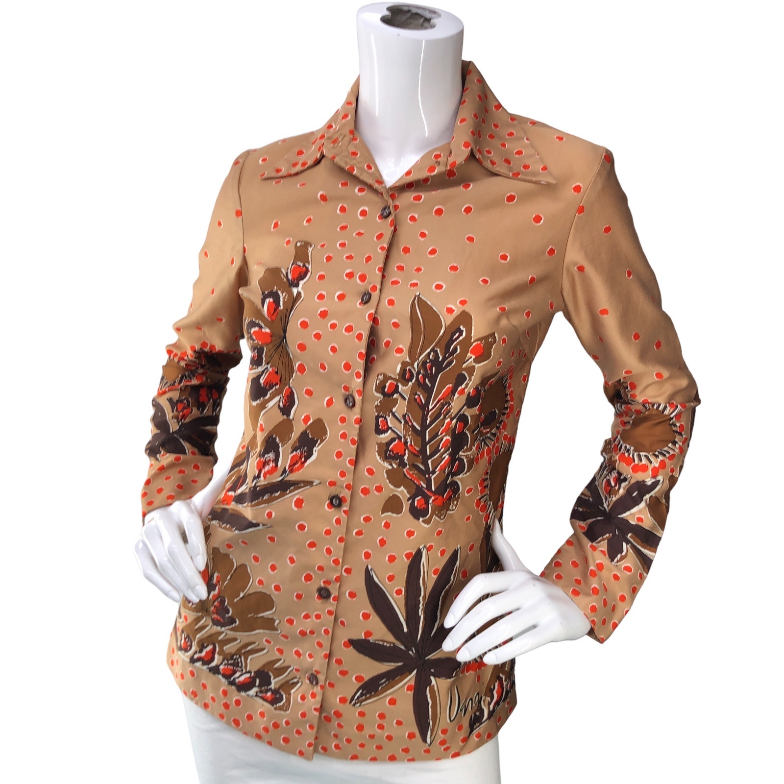 Vera Neumann Womens Size 8 Button Up Shirt Top Vintage Abstract Print Brown