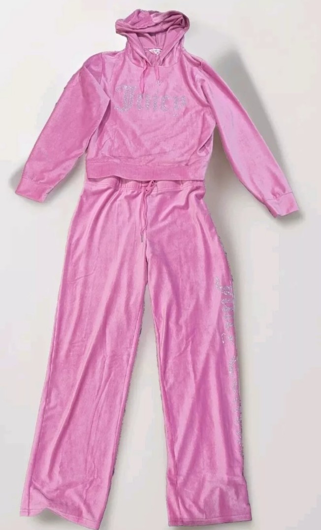 Juicy Couture Ribbed Velvet Tracksuit DEEP AZALEA Rhinestone Logo Size L NEW!