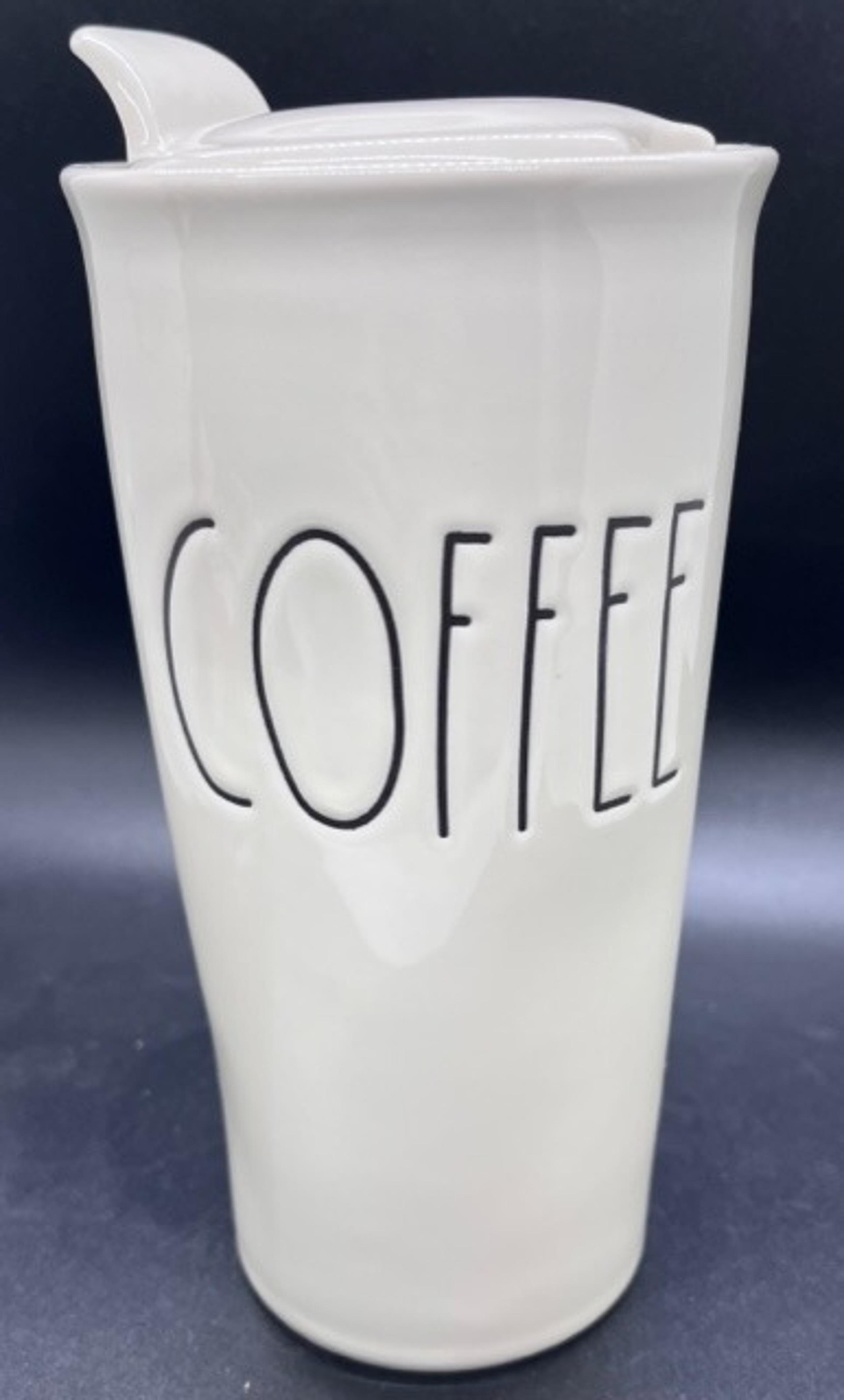 Rae Dunn COFFEE Ceramic Mug Cup Tumbler Travel Ivory White w/ Lid Artisan Coll.