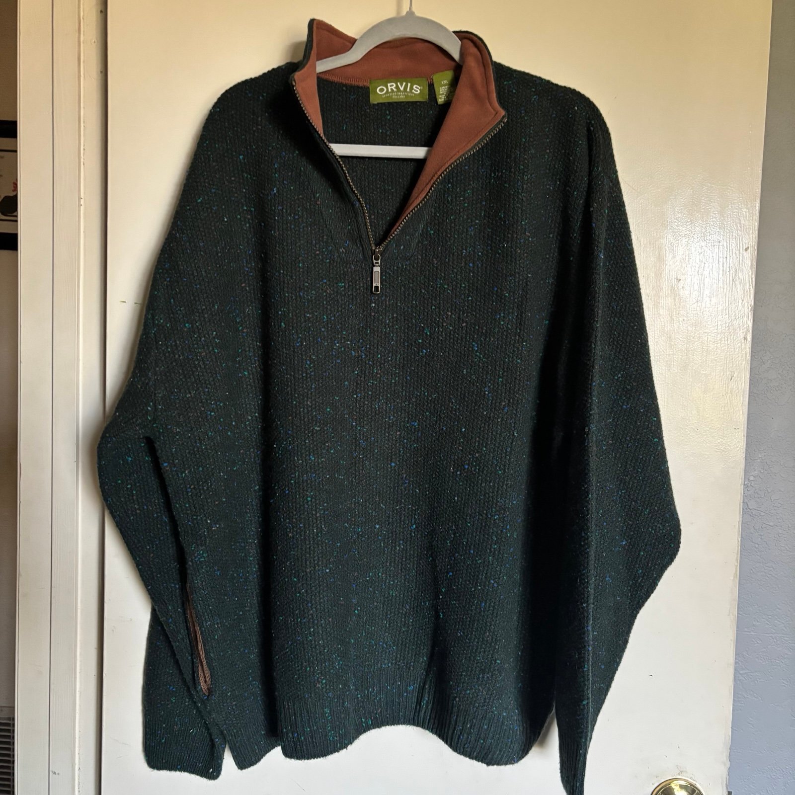 Orvis men's XXL long sleeve 1/4 front zip 2 pockets thermal green sweater shirt