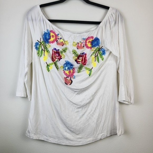 Boston Proper embroidered sequins jersey knit Top Size Small White NWOT