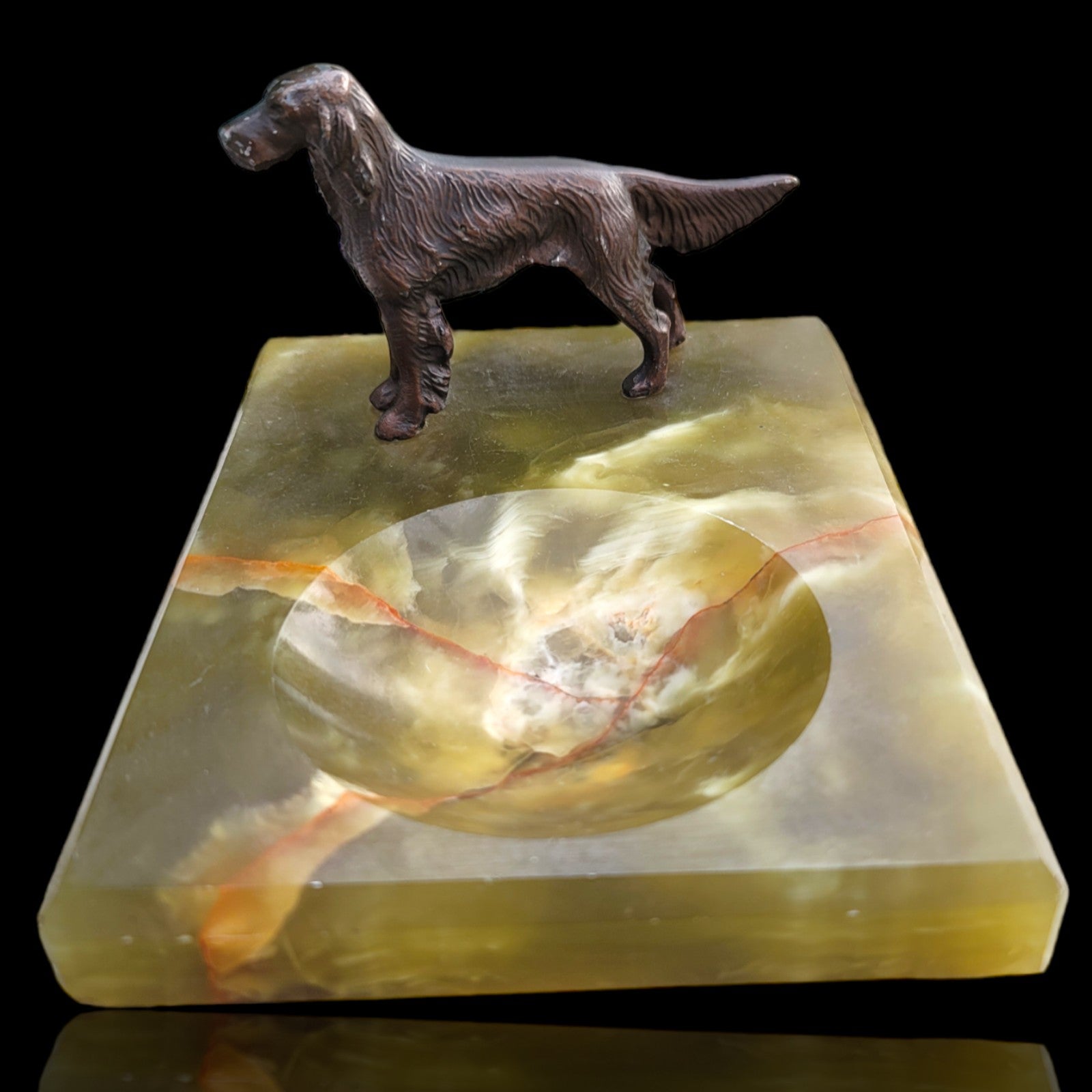Vintage Green Onyx Marble Bronze Dog Desk Tray