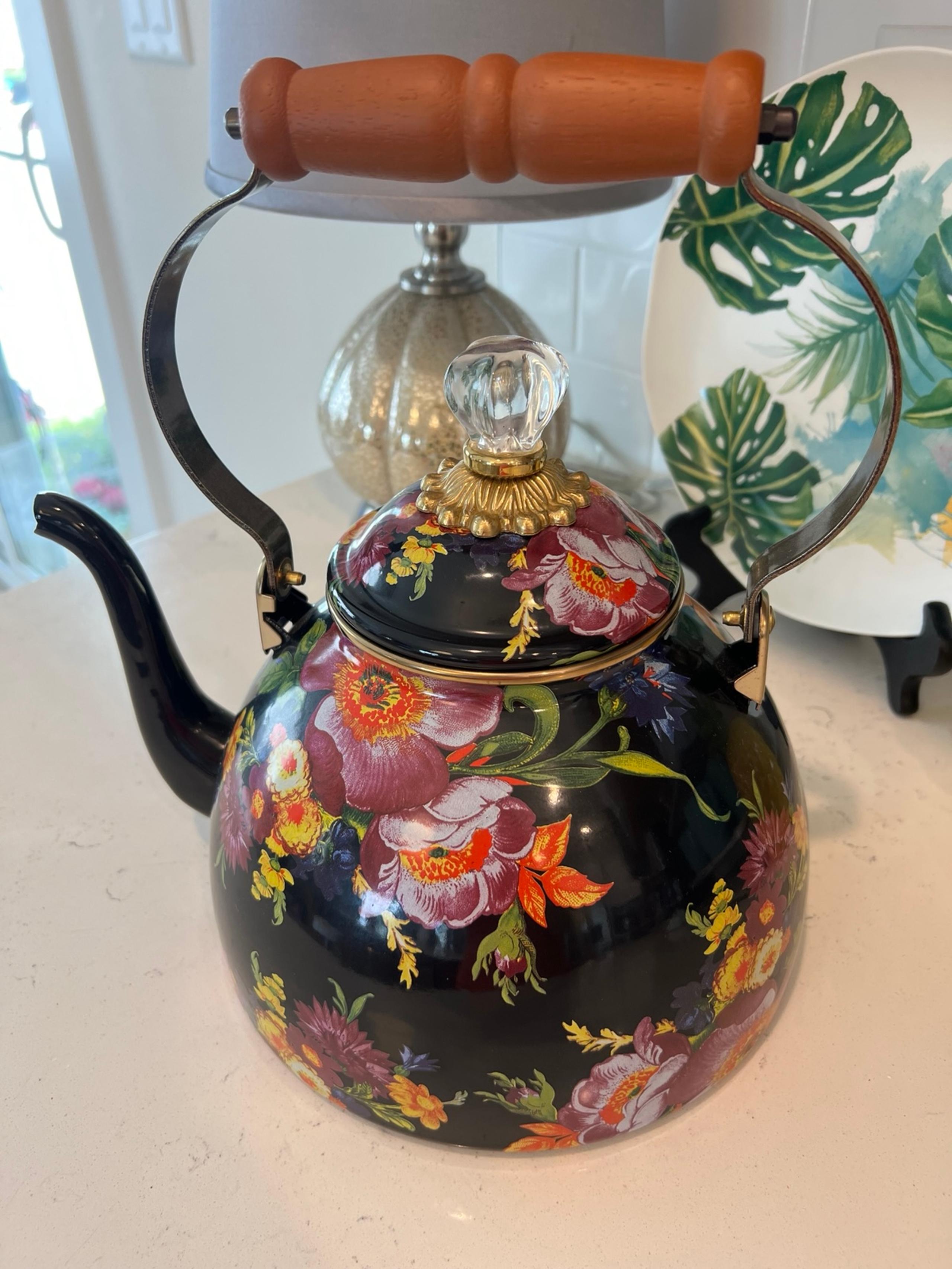 Mackenzie Childs black Flower Market Tea Kettle 3QT