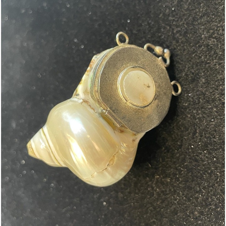 Mid Century Silvered Metal Mounted Nautilus Shell Hinged Pendant-Snuff Box NOS