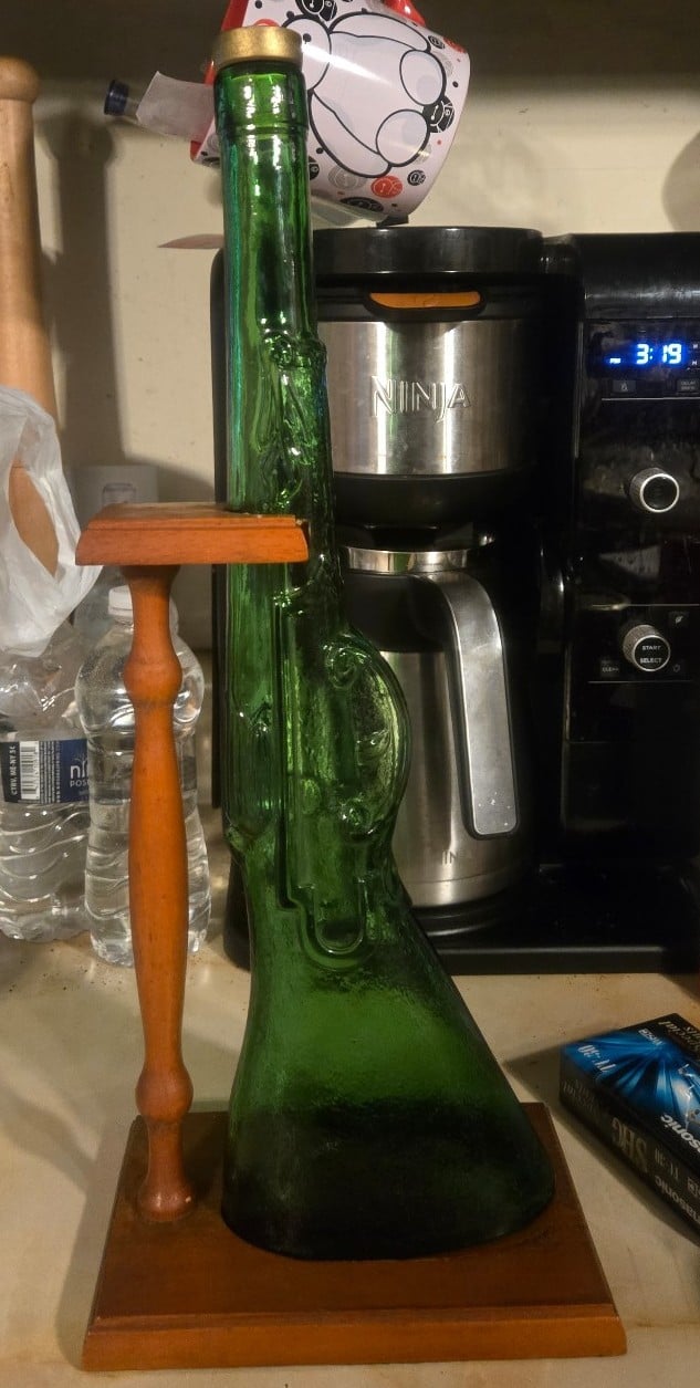 Vintage Green Glass Rifle Decanter With Wood Stand, Made In Italy, Cork Top