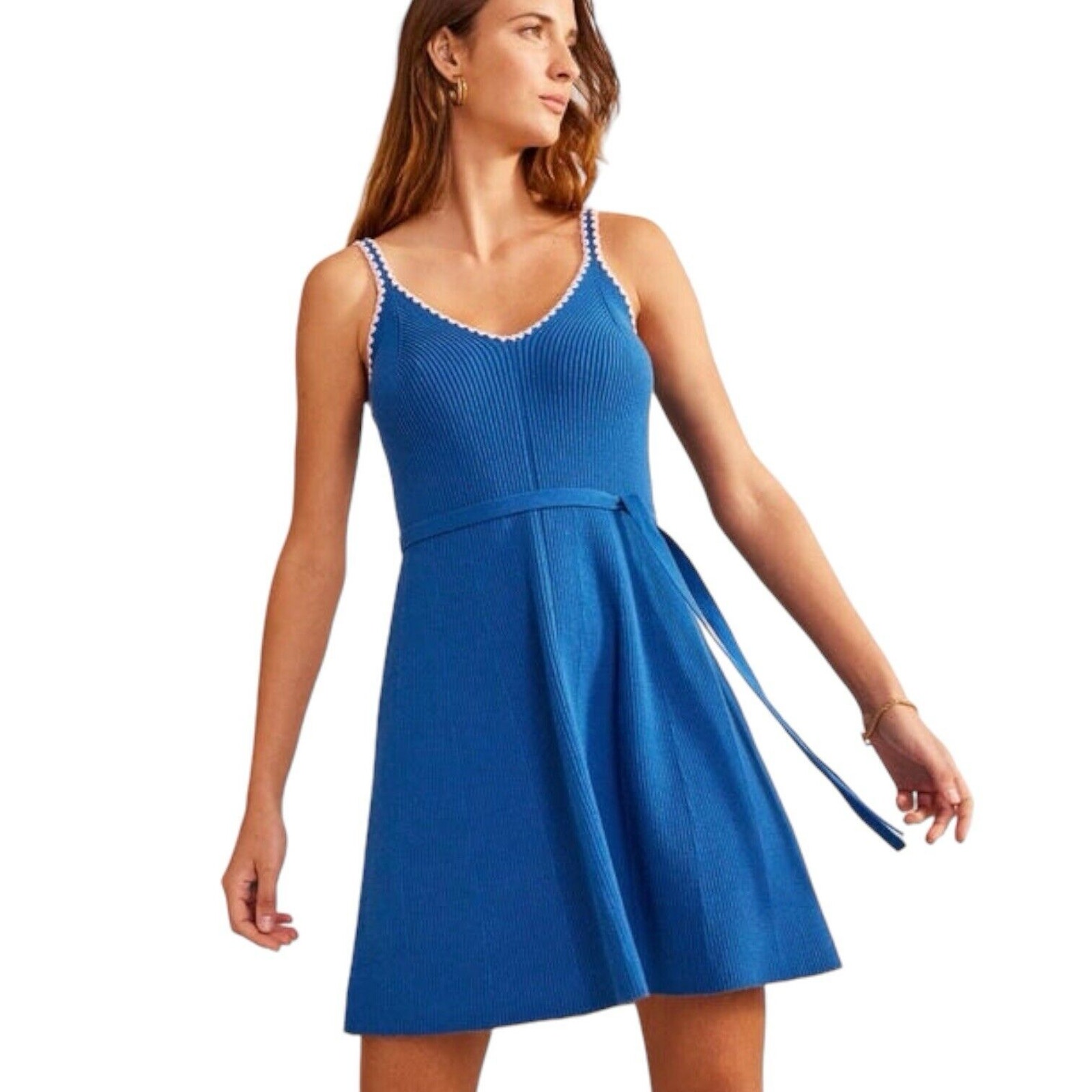 NWT Boden Crochet-Trim Ribbed Knit Midi Dress Size 12R (UK 16R) Sapphire Blue