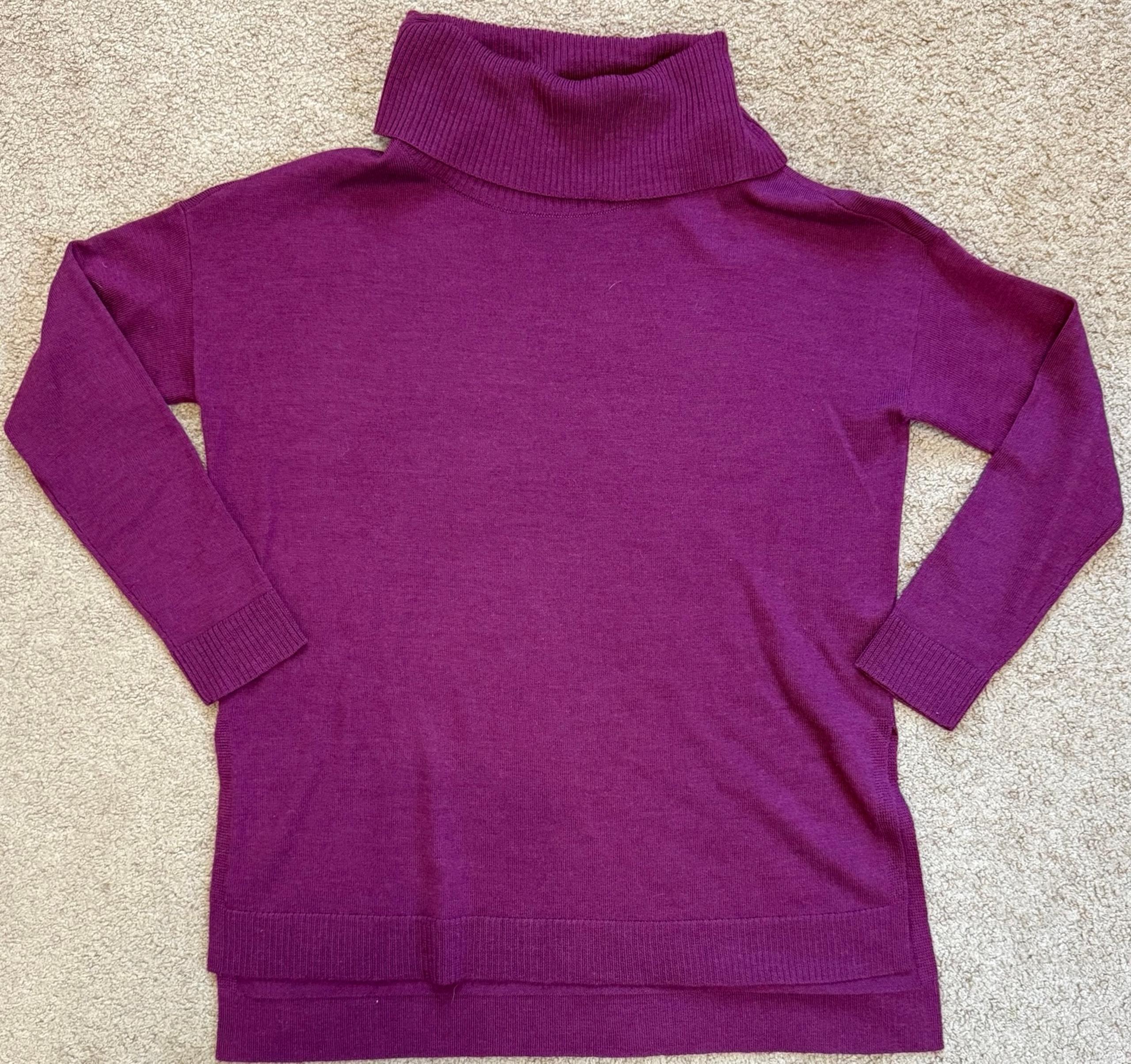 Eileen Fisher Women’s XXS 100% Merino Wool Cowl Turtle Neck Sweater Tunic Purple