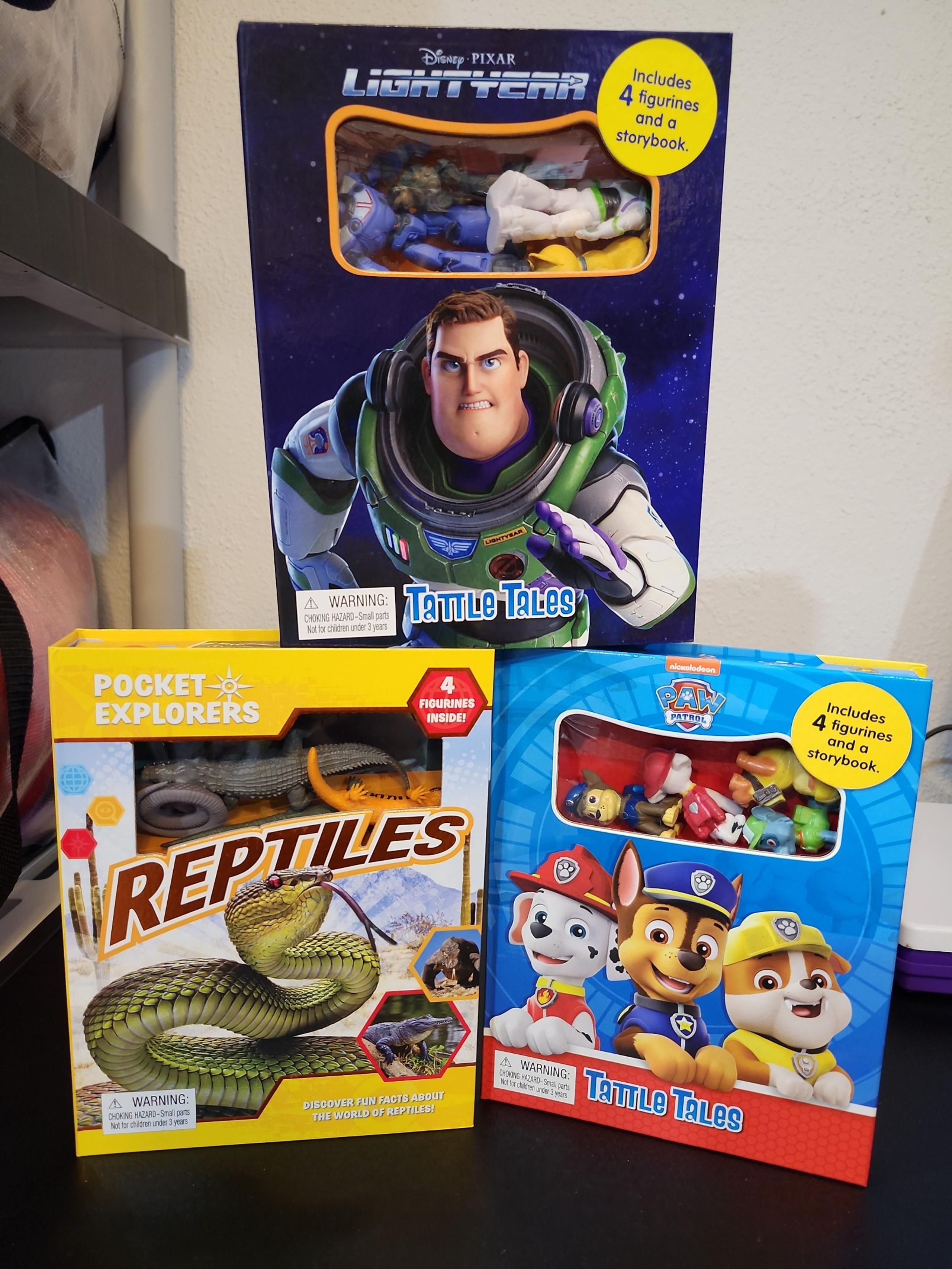 Pocket Explorers reptiles, tattle tales disney lightyear and paw patrol.