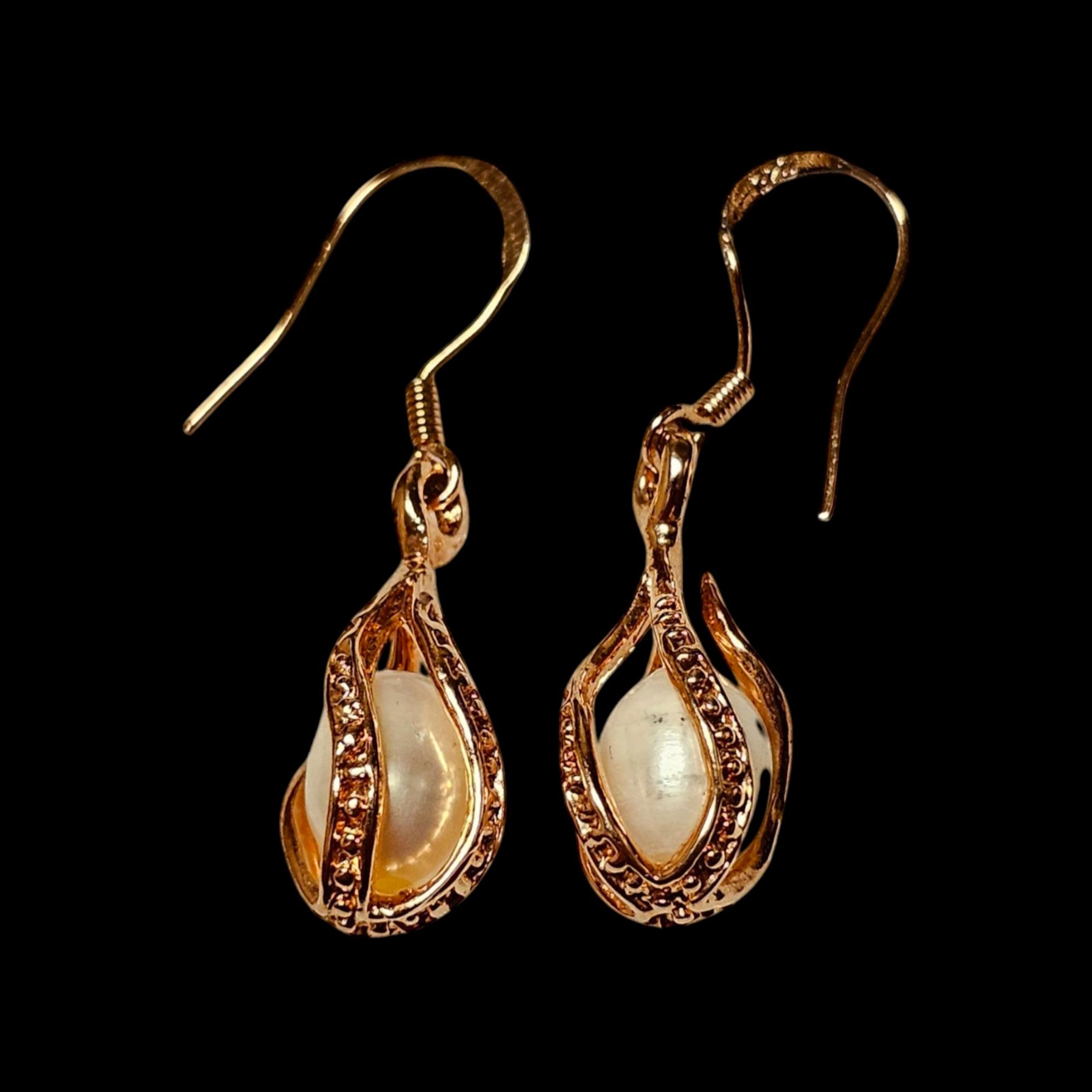 Vintage 925 Sterling Silver Rose Gold Vermeil Freshwater Pearl Cage Earrings 3g