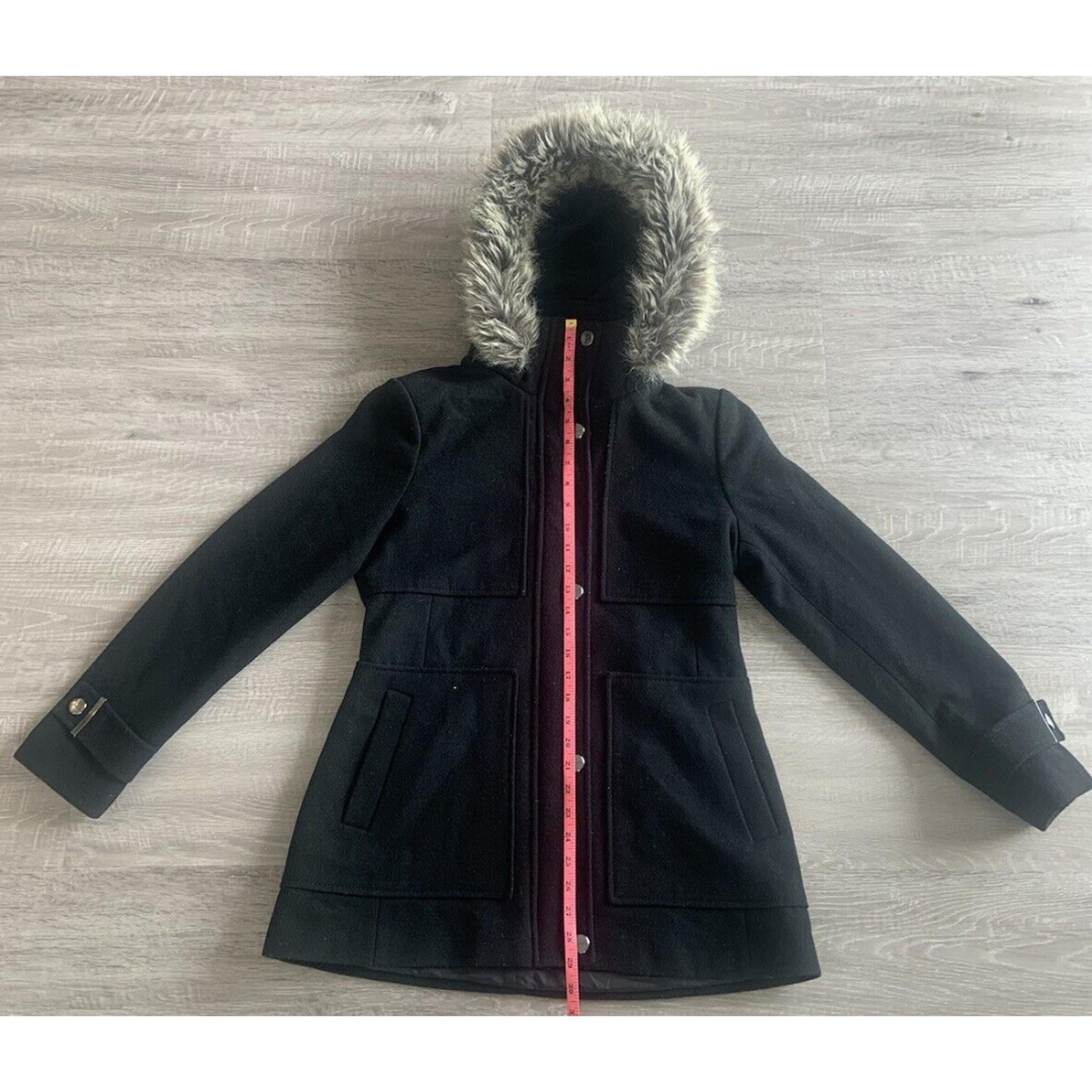 Kenneth Cole Black Wool Removable Fur Hood Button Zip Peplum Pea Coat Women Sz M
