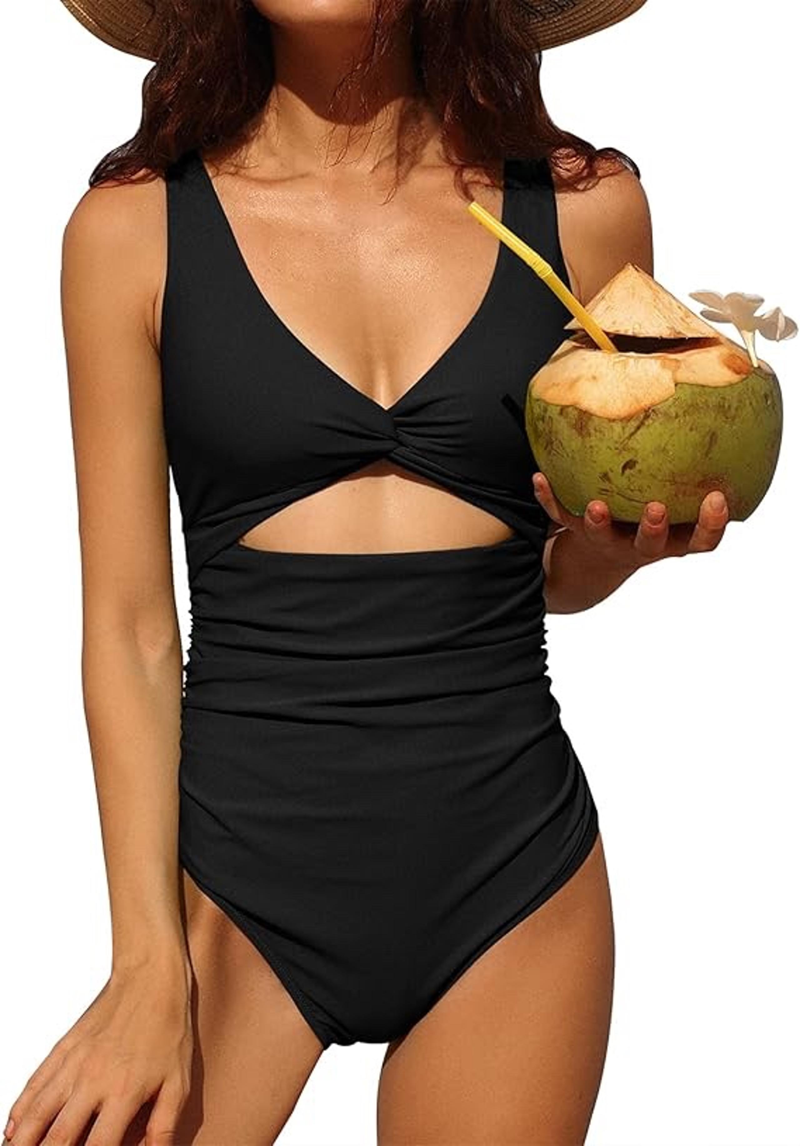 Charmo Womens One Piece Swimsuit Ruched Tummy Control black color