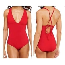 Andie Swim The Bali One Piece Swimsuit Tieback V Neck Cherry Red NWT Size L