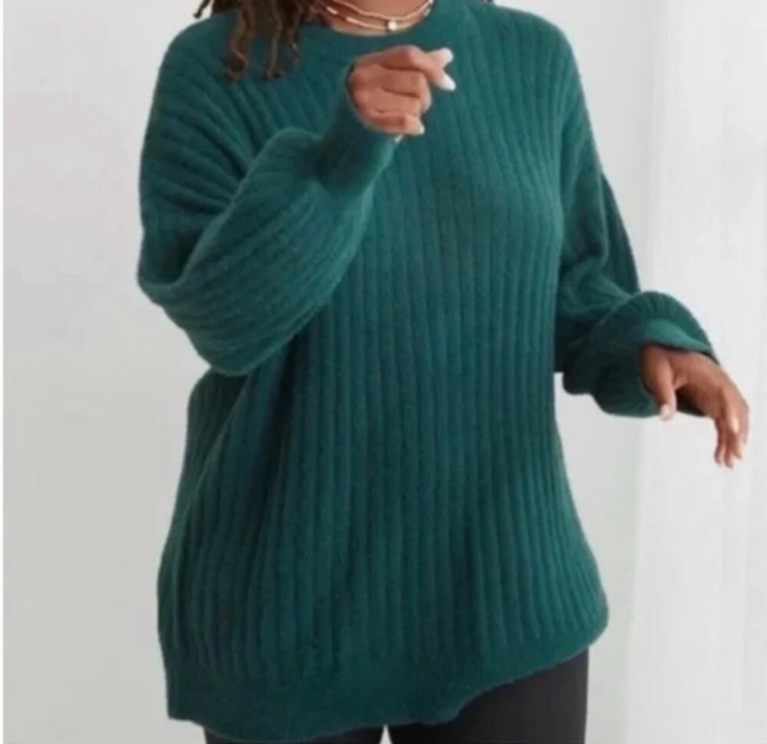 Aerie dark green sweater women's L large buttercream ribbed crew fuzzy crewneck