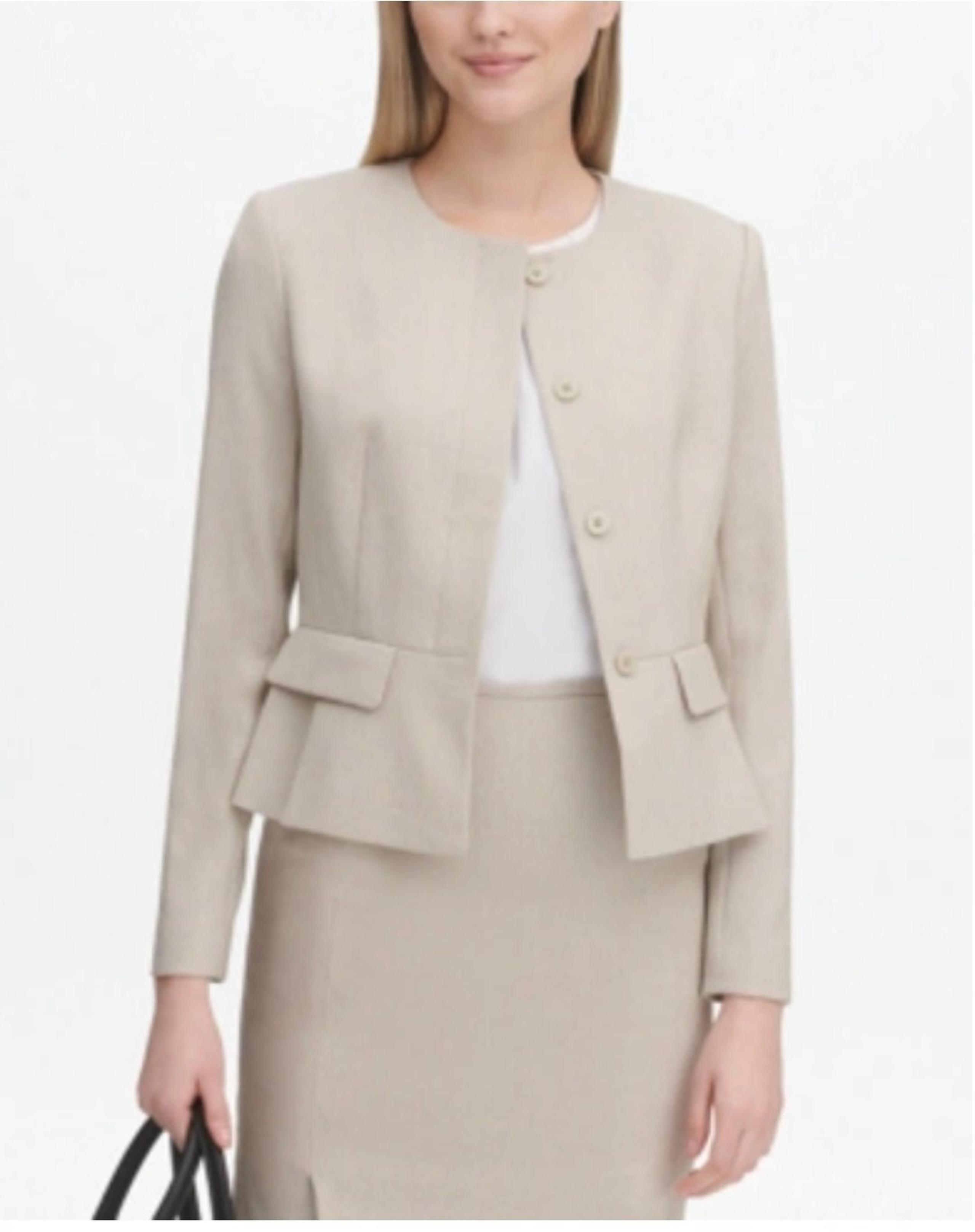 Calvin Klein Petite Twill Collarless Peplum Jacket/Blazer In Khaki Women Sz 12P