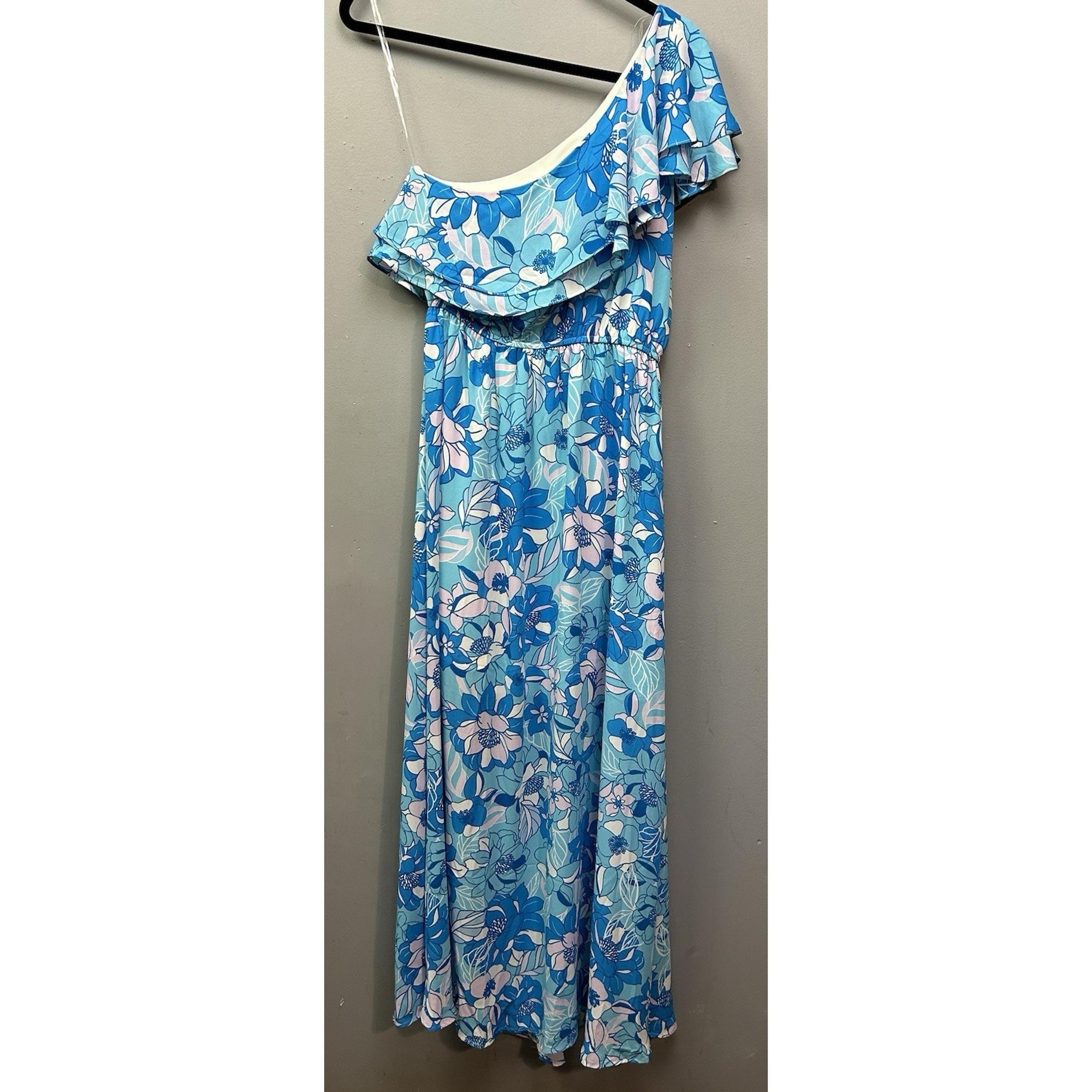 Emily Wonder One-shoulder Blue Maxi Dress Womens Medium Floral Long Cottage