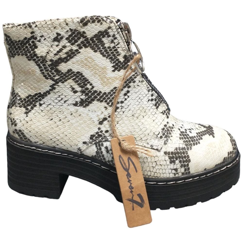 Seven7 Zoe Platform Bootie Women Size 9 Black White Tan Snake Print Front Zipper