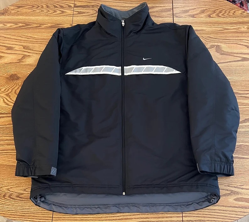 Y2K Jacket Mens L Black Zip Reflective Fleece Lined 4 Pocket Utility 2000s Outer