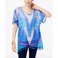 INC International Concepts Blue Fringed Sleeve V-Neck Coverup Top
