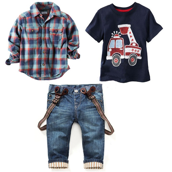 3PCS Baby Boys Shirt Tops + T-Shirt + Suspender Jeans Set Kids Clothes Outfits