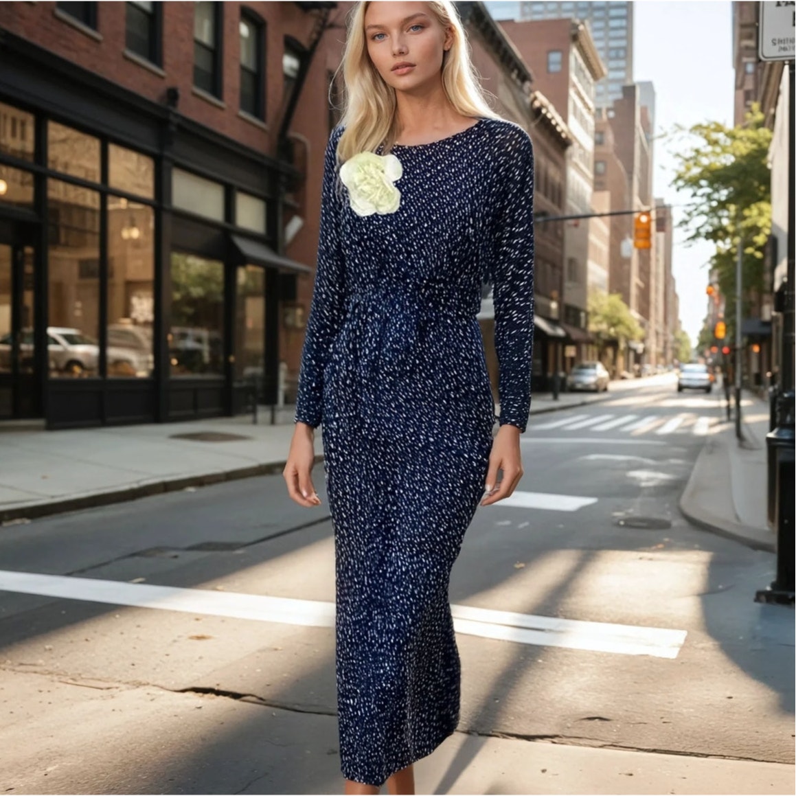NICOLE MILLER Navy Blue Polka Dot Maxi Dress with Removeable Flower