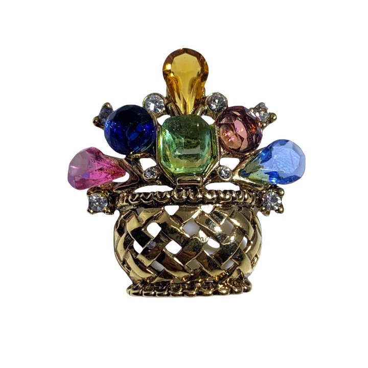 Vintage Brooch Gold Tone Woven Basket Colored and Clear Stones