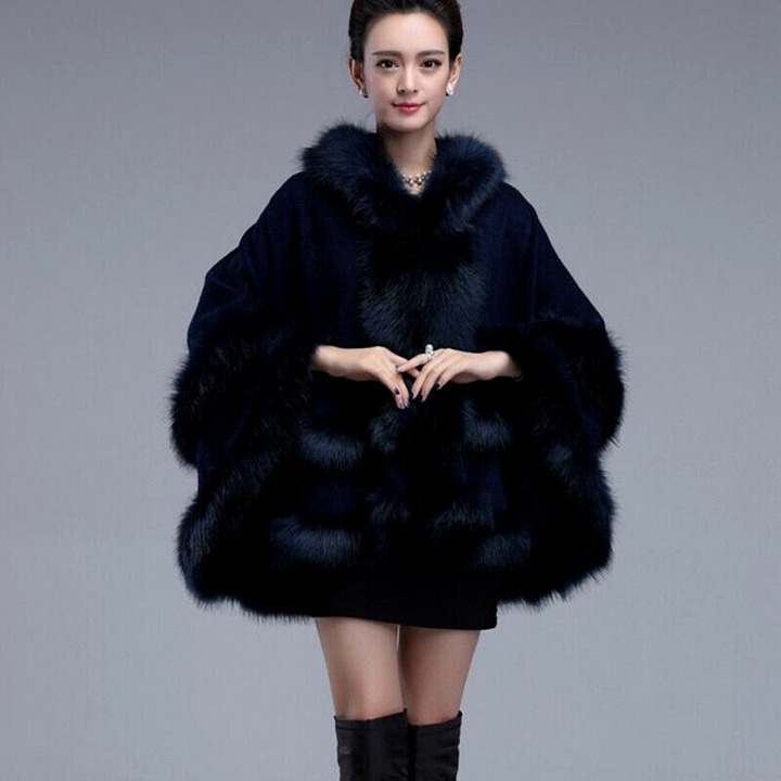 Womens Thick Faux Fox Fur Trim Cape