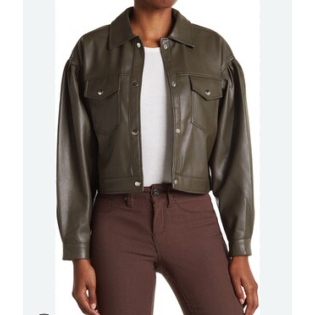 T Tahari Faux Leather Button Front Jacket olive green size Medium spring summer