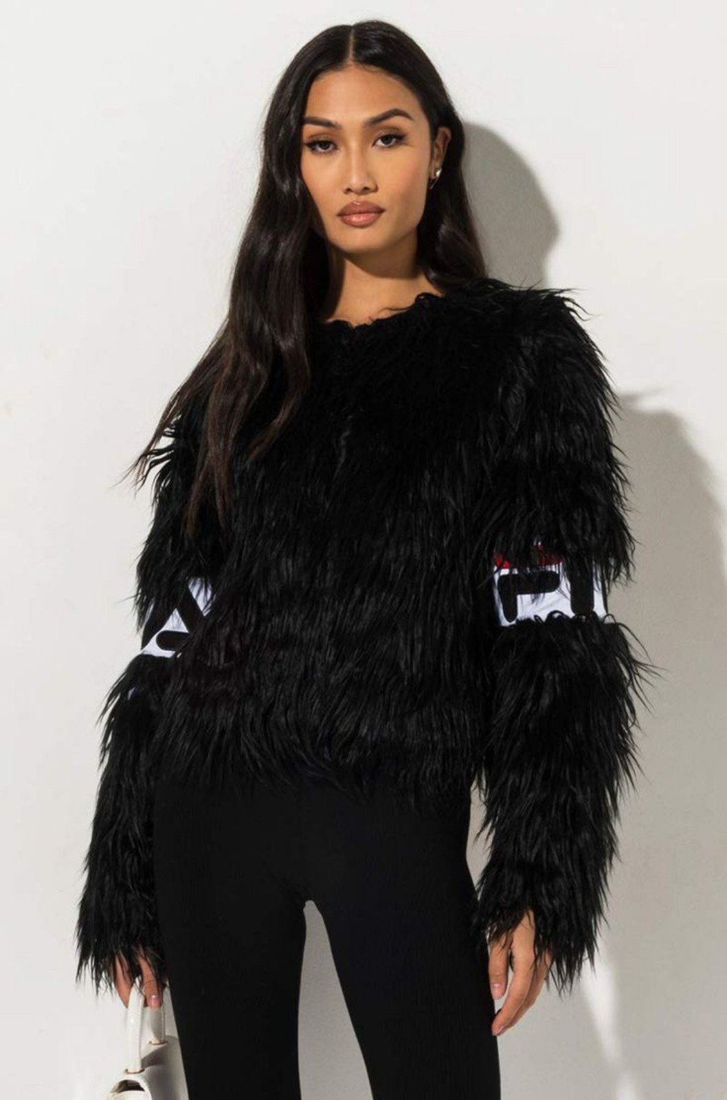Fila Black Faux Fur logo on sleeves oversized sleeve Faux Fur Coat.