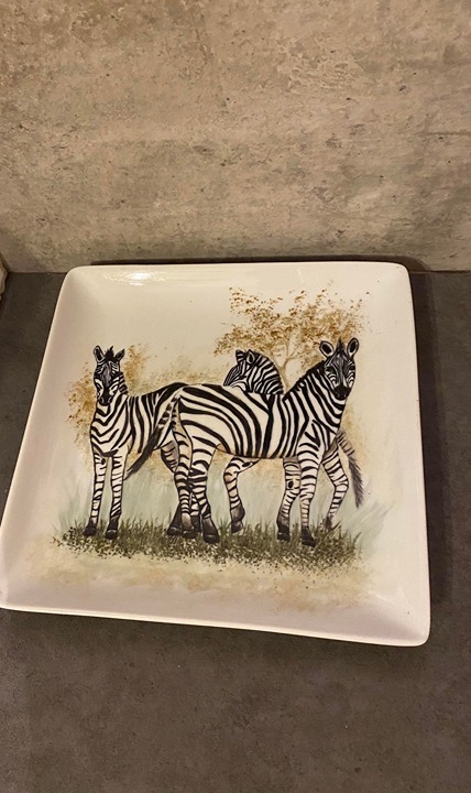 Vintage Large 3 Zebras Porcelain Plate - 14 x 14 Excellent Condition