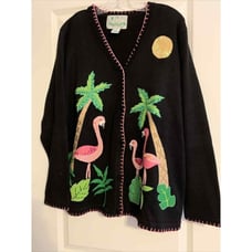 The Quaker Factory Black Flamingo Palm Tree Cardigan Sweater Tropical Vtg Size L