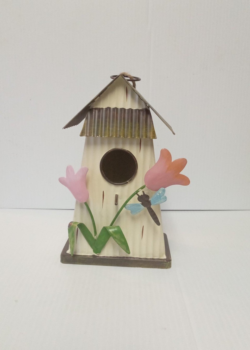 Corrugated Rustic Metal Dragonfly Flower Birdhouse