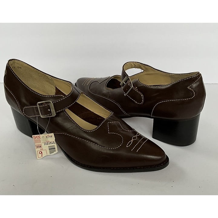 Deadstock VTG 80s Womens 9 Brown Leather Wingtip Mary Jane Heels Oxford Grunge
