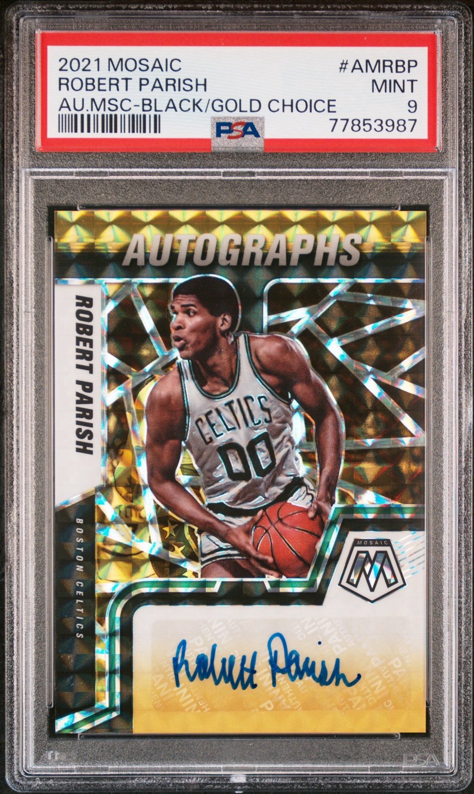 2021 Panini Mosaic Robert Parish Black/Gold Choice Auto /8 PSA 9 Celtics Pop 1