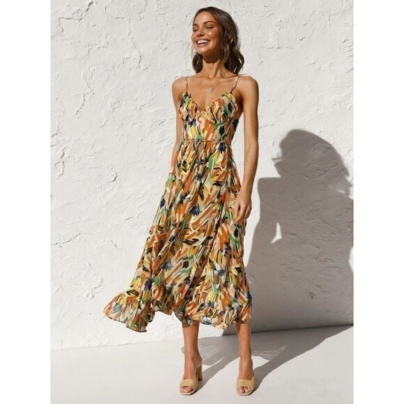 Commense Boho Chic Vibrant Floral Print Midi Dress Cami Summer Midi Sundress S