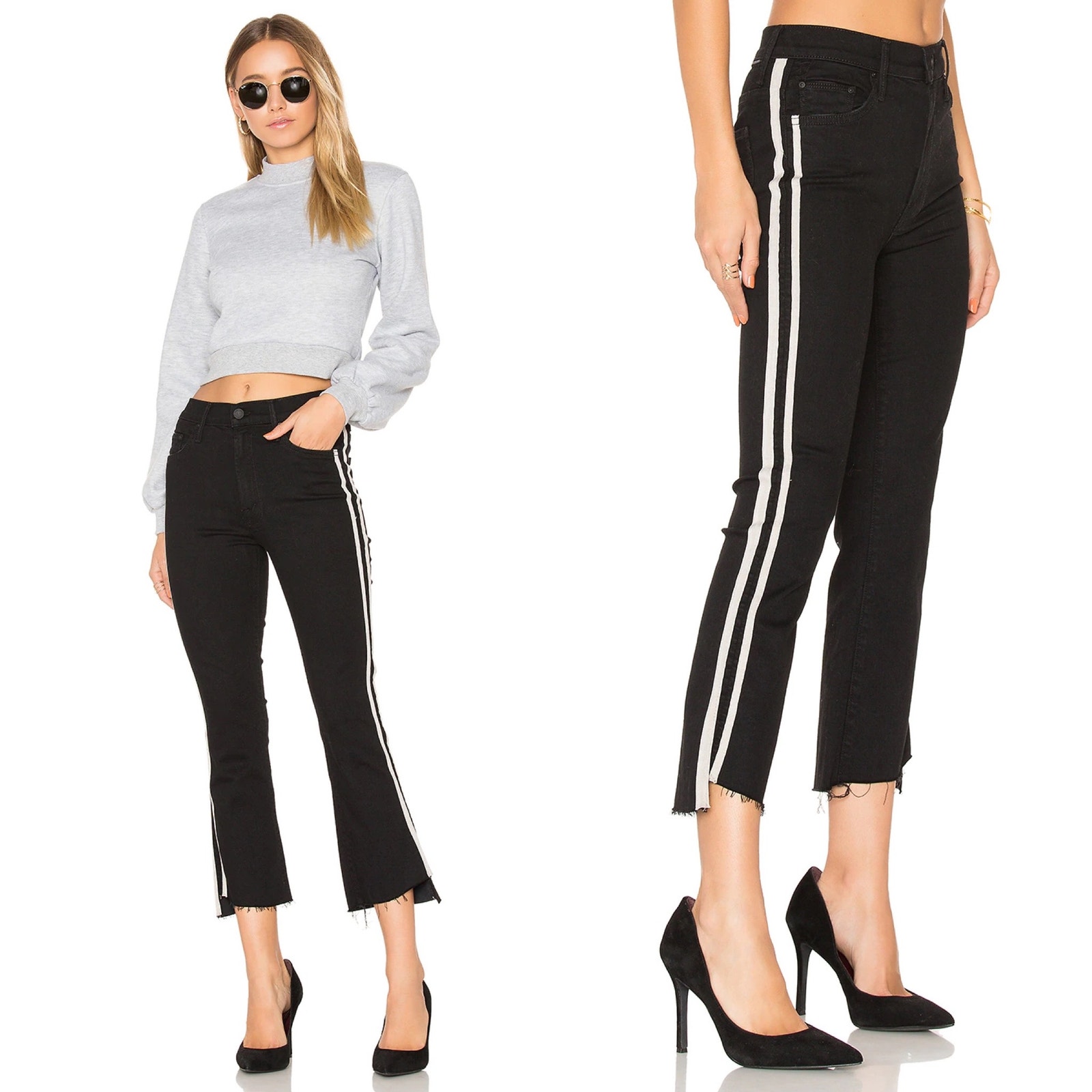 Mother Insider Crop Step Fray Jean in Guilty Racer Stripe Size 26 Black Bootcut