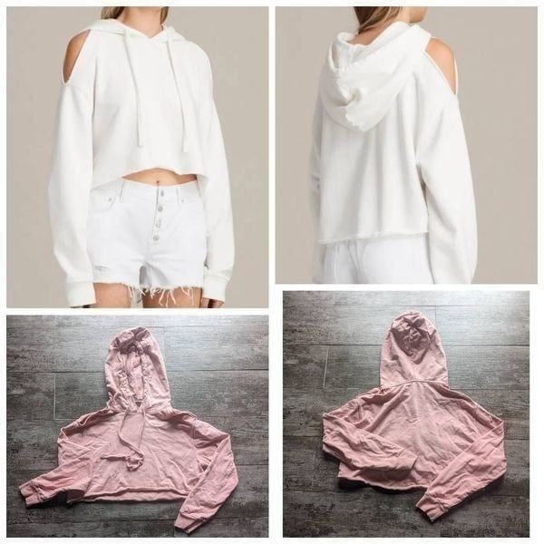 ALL SAINTS Mae Cropped Hoodie Cold Shoulder Slits 100% Cotton